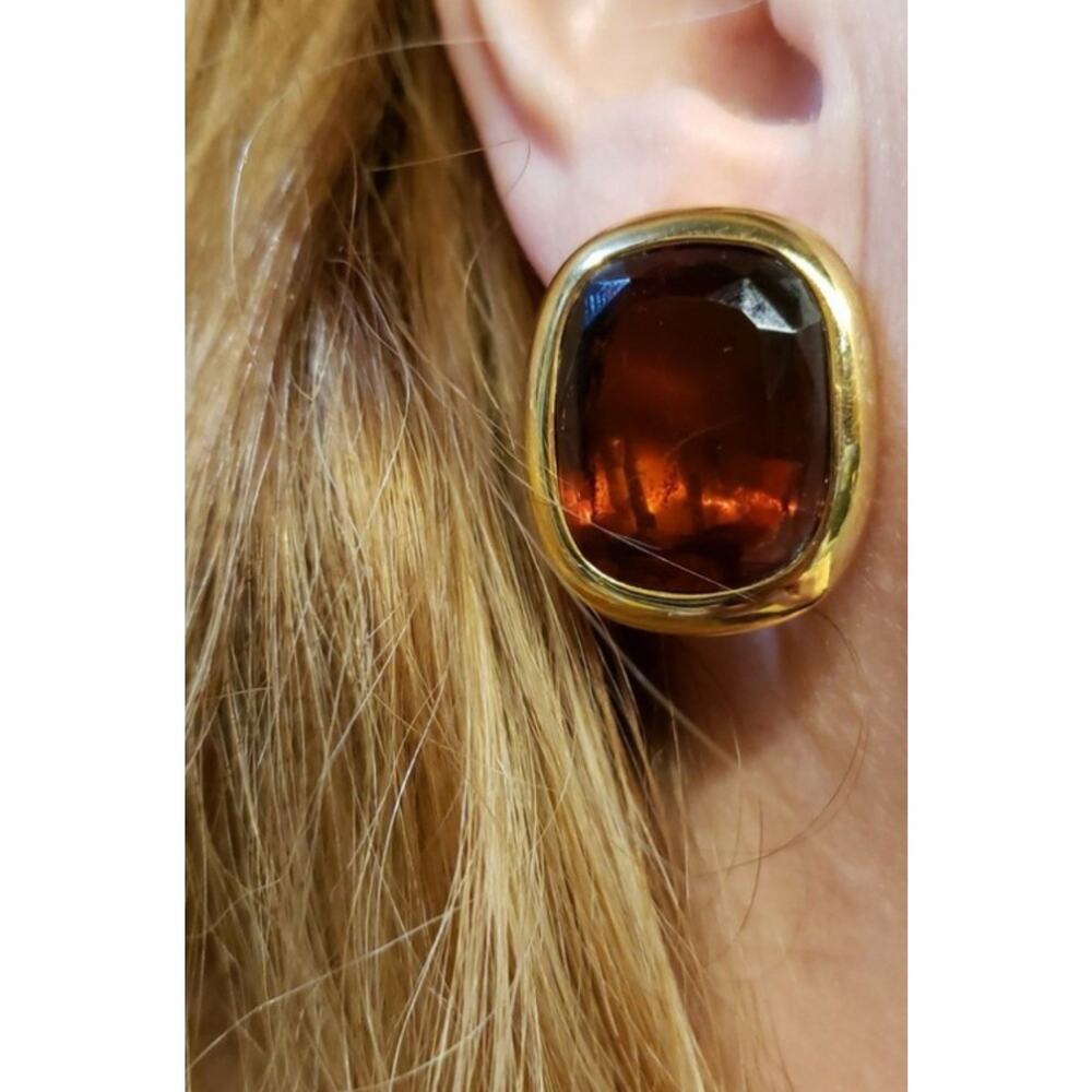 Joan Rivers Vintage Dark Brown Very Large Faux Stone Clip On Earrings (C348) - Picture 2 of 8